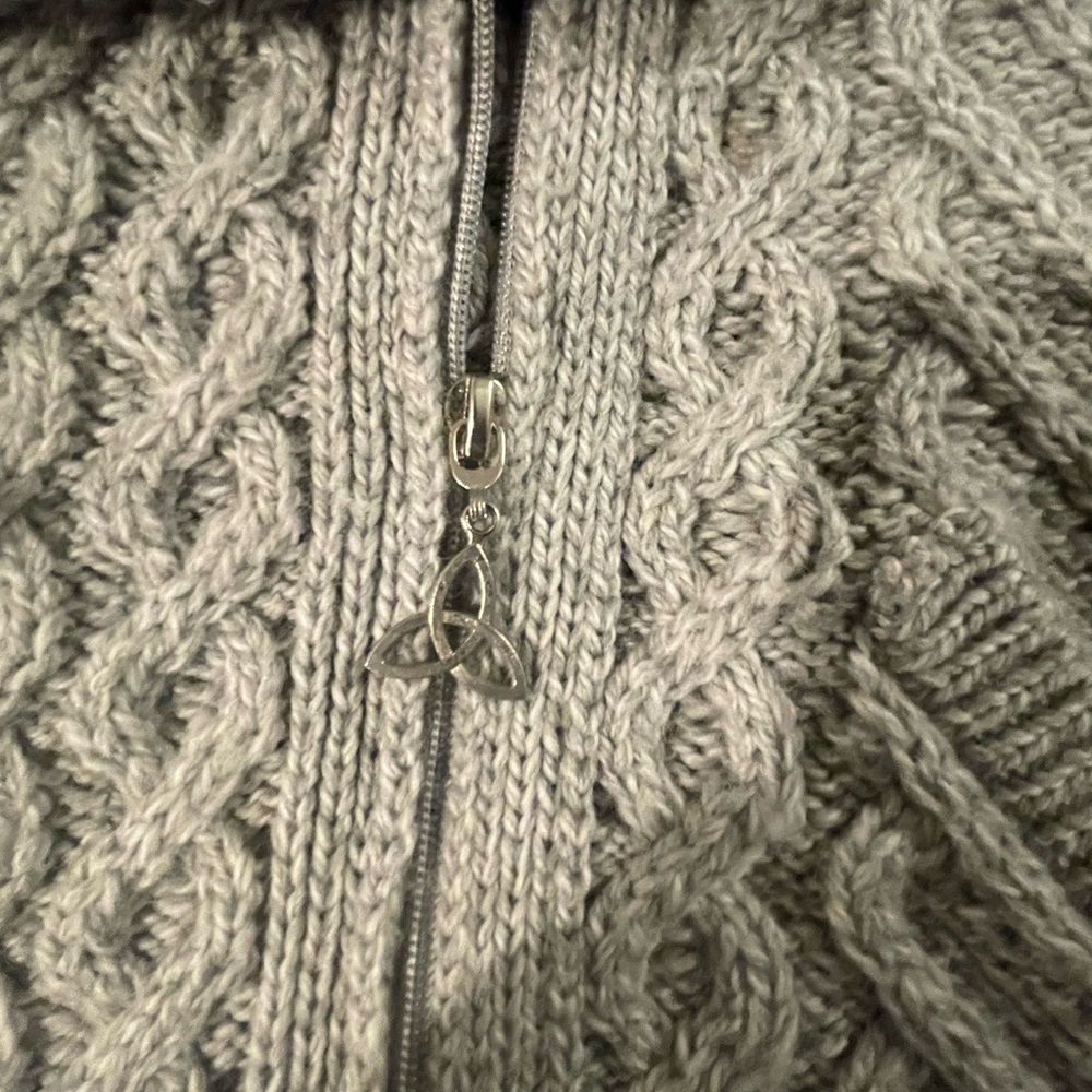 Aran Crafts % Wool Light Gray Cable Hooded Cardigan - Picture 13 of 14